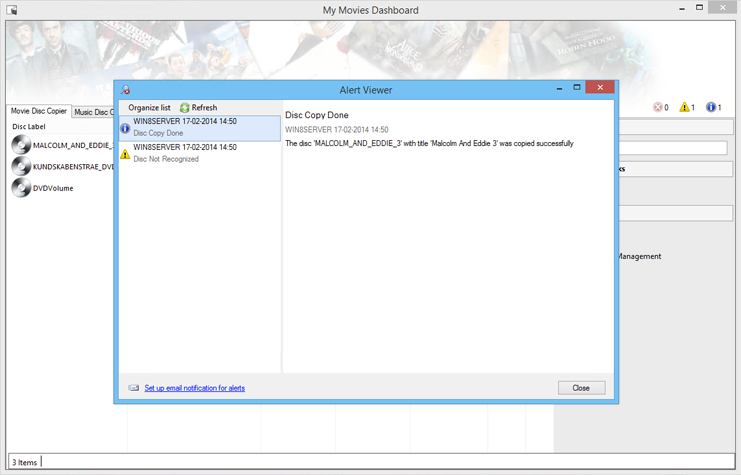 The dashboard contains alerts for various My Movies events, which is also a feature that users of Windows Home Server 2011 and Windows Server 2012 Essentials knows from these products.